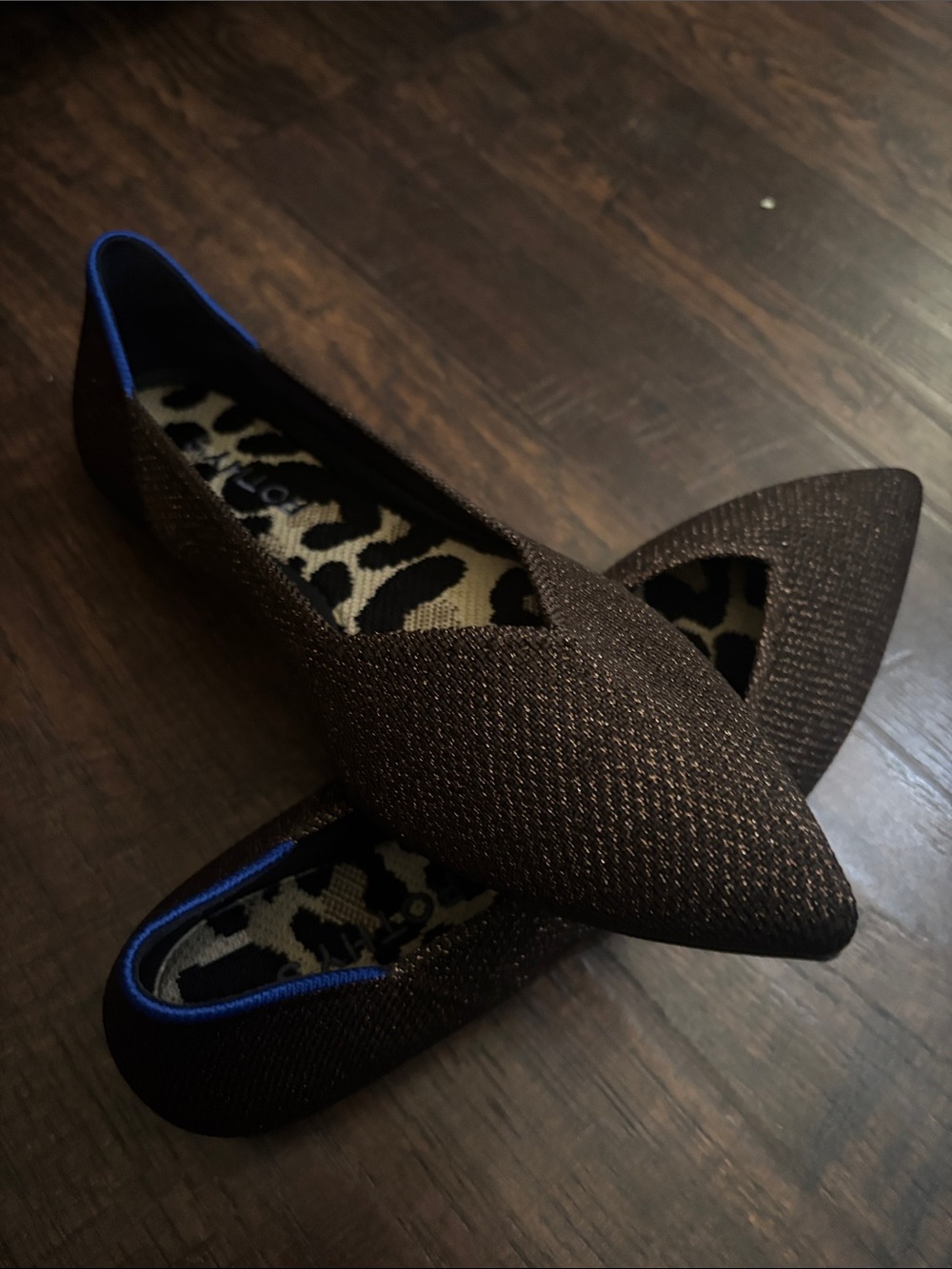 Rothy's Pointed Toe Flats in Dark Brown with Blue Trim - Picture 2 of 6